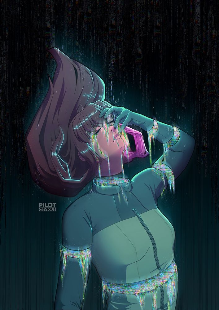 Illustrated portrait of Maddie, a young teenage girl with long brown hair and bangs. She is covering part of her face and has her eyes closed with a transient facial expression. She is illuminated by the glowing glitch effects that are dripping down her face and body. The background is black and has remnants of glitchy chaos.