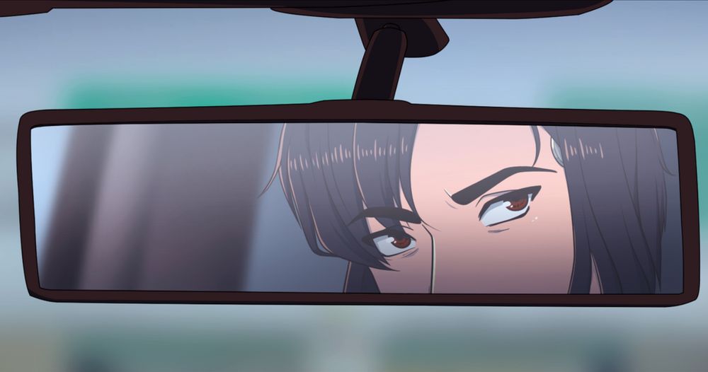Comic panel of a woman with black hair looking in a rearview mirror.