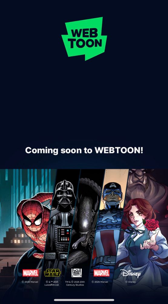 Webtoon loading page featuring a “coming soon to Webtoon” banner that features IP from Marvel, Star Wars, 20th Century Fox, and Disney 