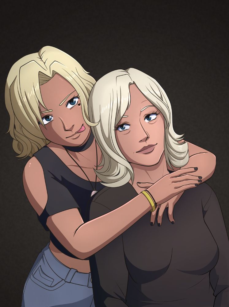 Digital illustration of Renee hugging her mom with platinum blonde hair in a classic "photography studio" setting.