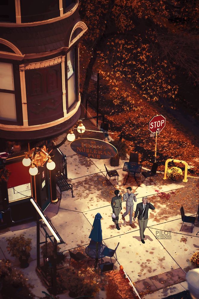 An aerial view of an autumn scene featuring three individuals walking on the street. There are bright orange leaves lining the street and the sidewalks. The three individuals are walking under a sign that says "Irish Nobleman Pub" and one of them is carrying a takeout bag.