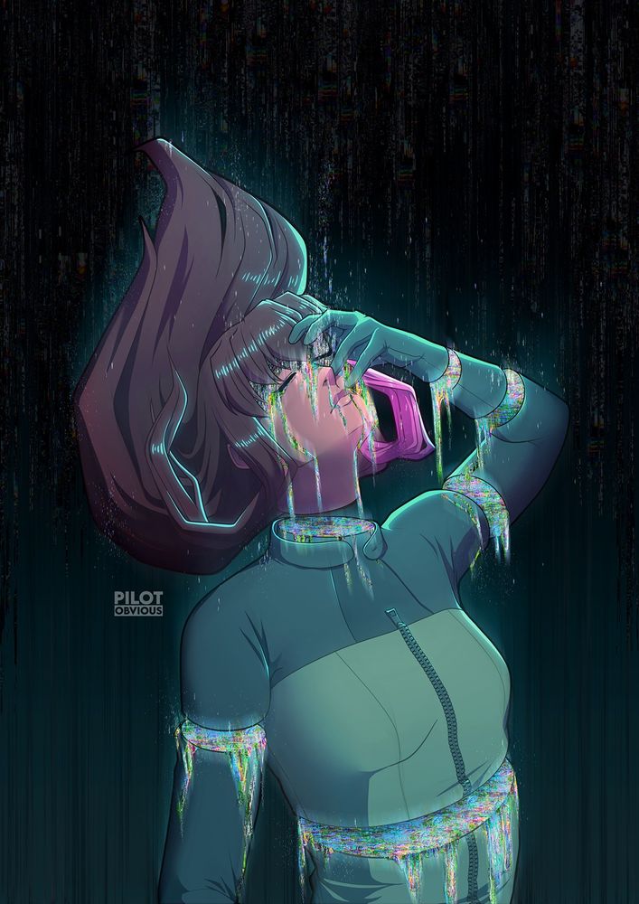 Illustrated portrait of Maddie, a young teenage girl with long brown hair and bangs. She is covering part of her face and has her eyes closed with a transient facial expression. She is illuminated by the glowing glitch effects that are dripping down her face and body. The background is black and has remnants of glitchy chaos.