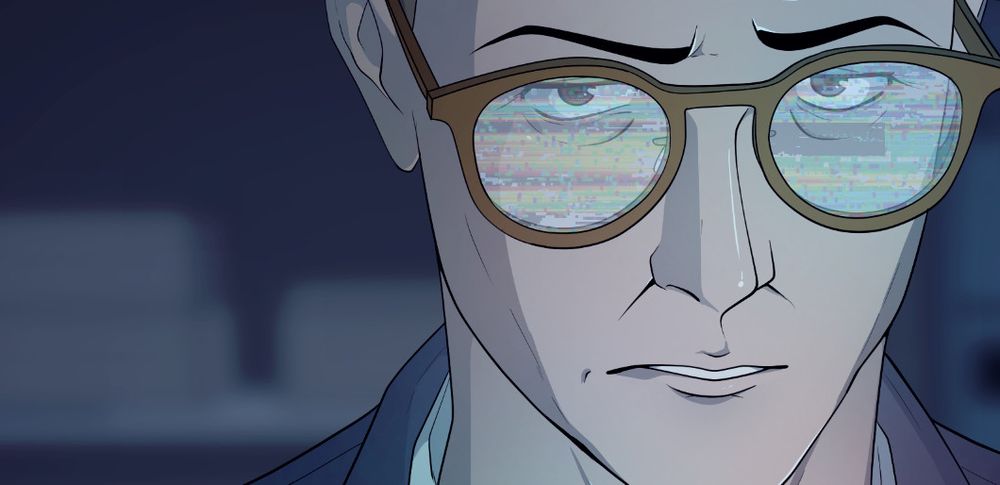 Comic panel featuring Dr. Clyde Benson looking at a glitchy screen. You can see the reflection of the screen in his glasses. He is looking a little pertrubed and frustrated by what he's seeing.