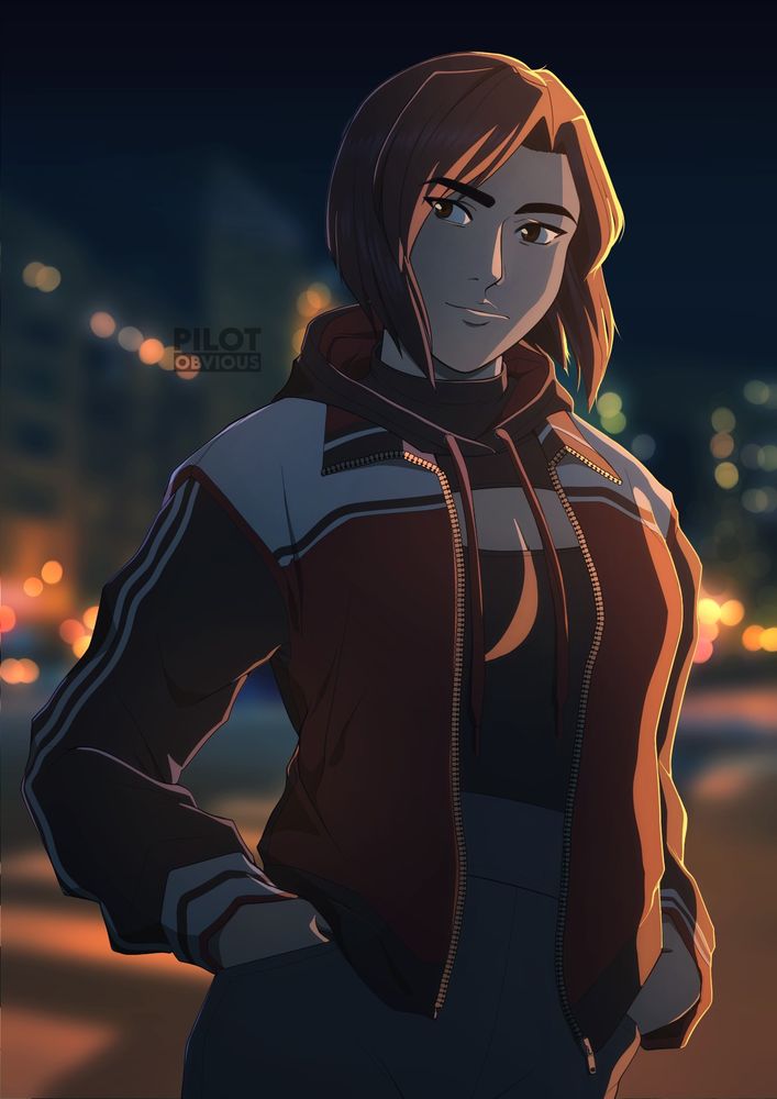 Digital illustration of a woman with short black hair standing at a city intersection at night.