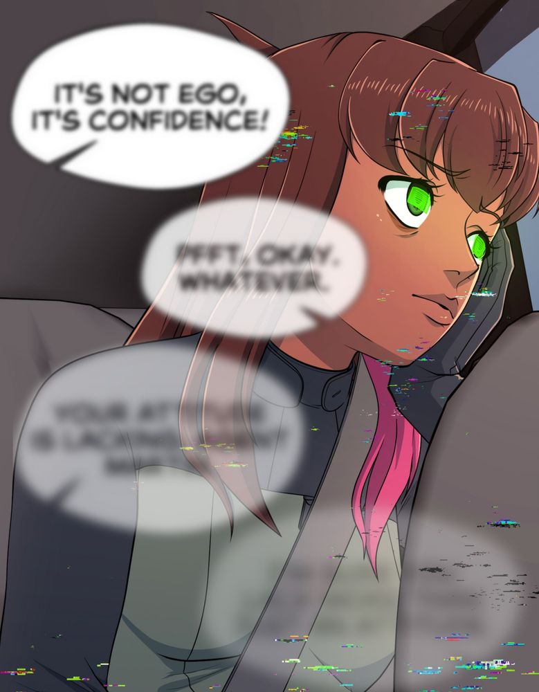 Comic panel of a girl with long brown hair and an AR overlay in her eyes looking exhausted in the back of the car. There are blurry speech bubbles surrounding her of two people off screen arguing.