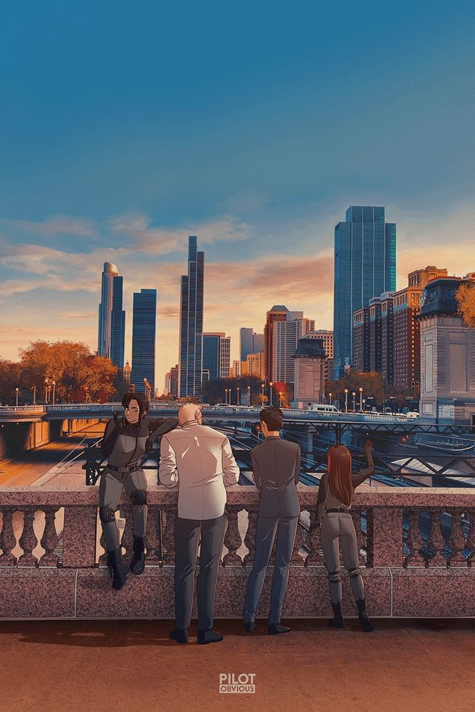 Digital illustration featuring four characters from Future Agents relaxing on a pedestrian bridge in Chicago in autumn. The sun is setting. The characters from left to right: Amy Martin, James Karner, Li Willis, and Maddie Cinder. 