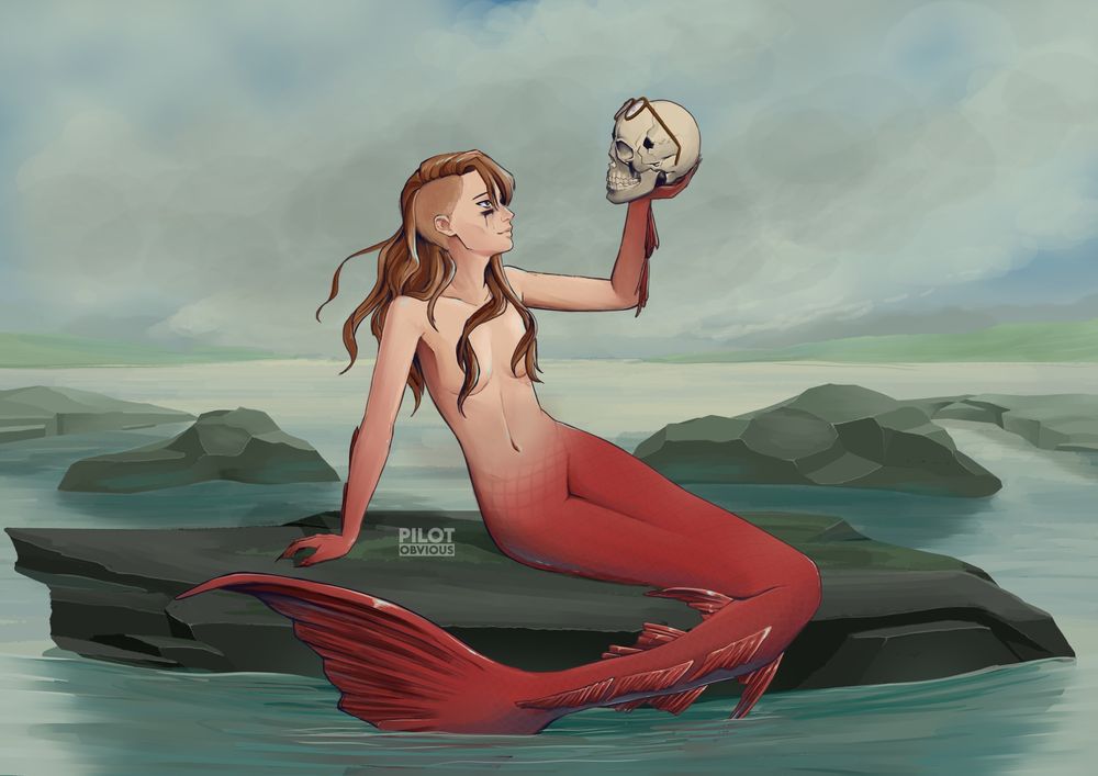 Digital painting of a mermaid with long auburn hair and a red tail holding up a skull with glasses and a hole in the temple