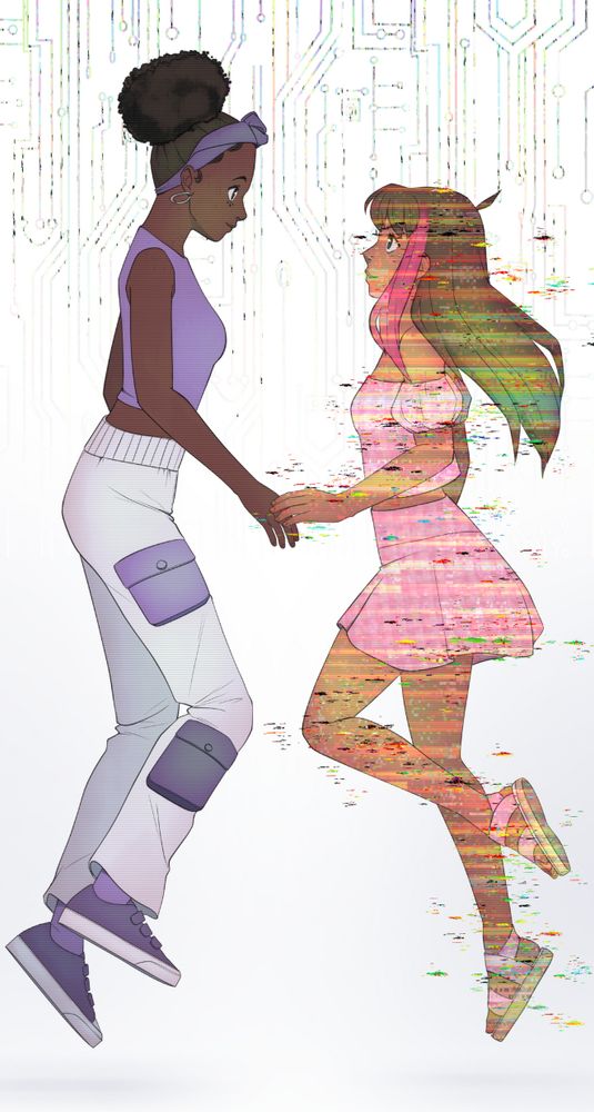Comic panel of two young girls meeting on a virtual system. They are floating in a liminal space and one girl appears to be glitching.