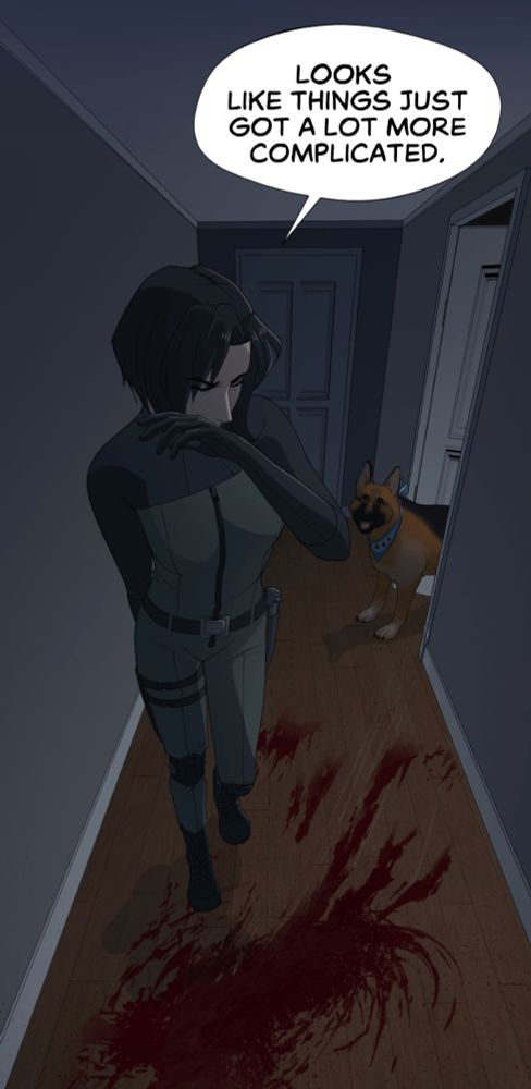 Comic panel of Amy covering her mouth and nose with her eyes closed while saying, "Looks like things just got a lot more complicated." There is blood spattered all over the floor.