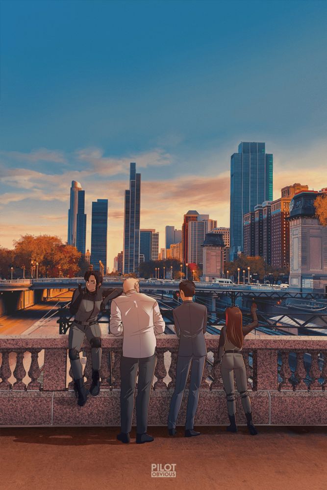 Digital illustration featuring four characters from Future Agents relaxing on a pedestrian bridge in Chicago in autumn. The sun is setting. The characters from left to right: Amy Martin, James Karner, Li Willis, and Maddie Cinder. 