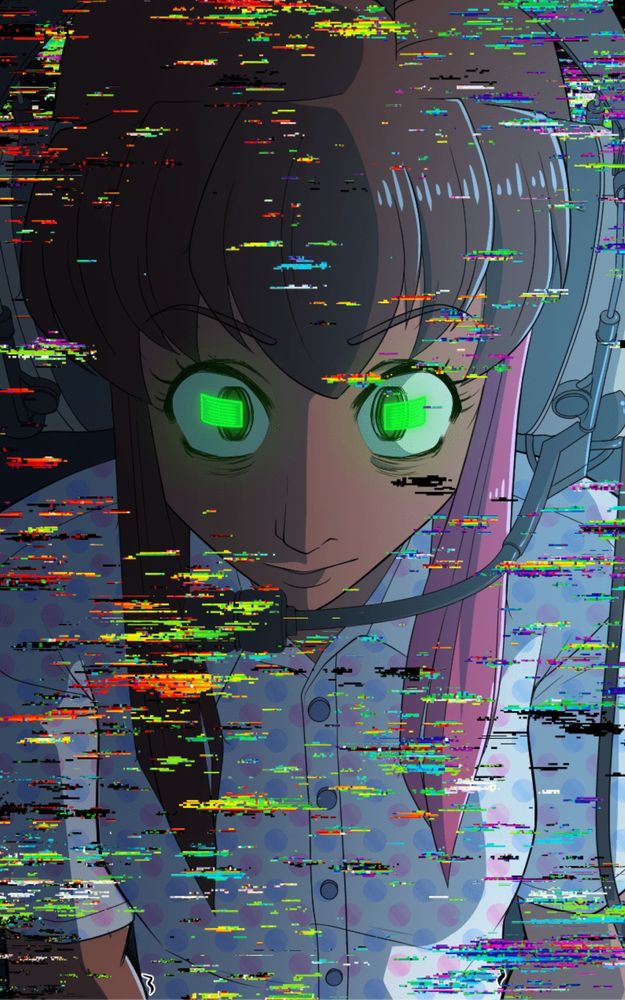 Comic panel of Maddie with glowing green eyes from her HUDset. She is surrounded by rainbow glitch effects and looks emotionless.