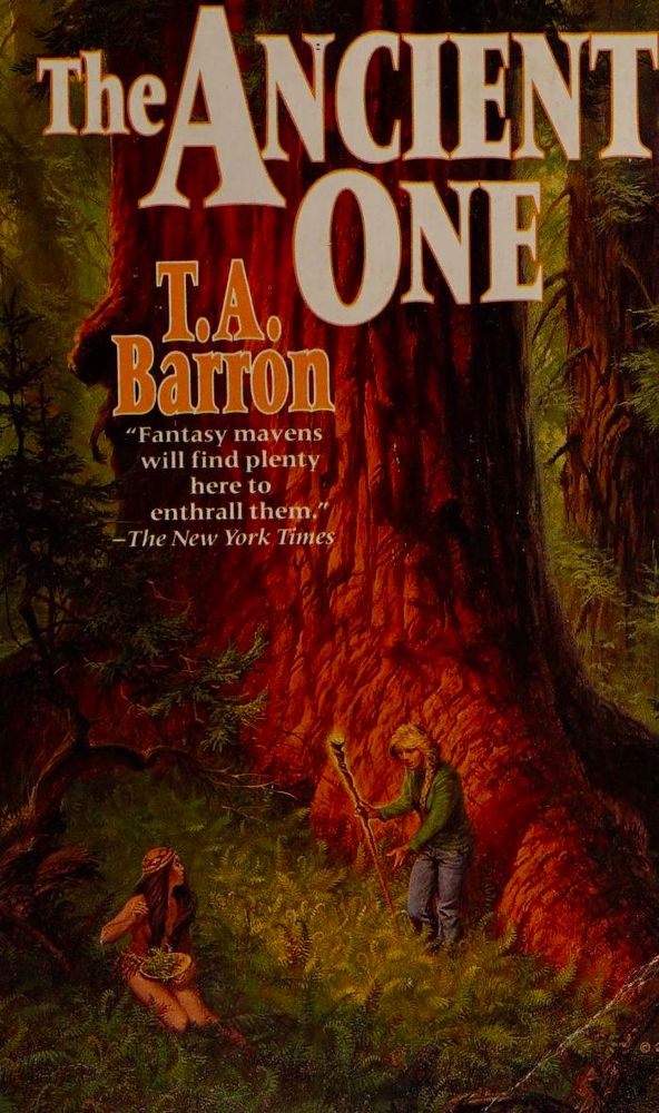 Book Cover: two girls in front of a coastal redwood. The Ancient One by T.A. Barron.