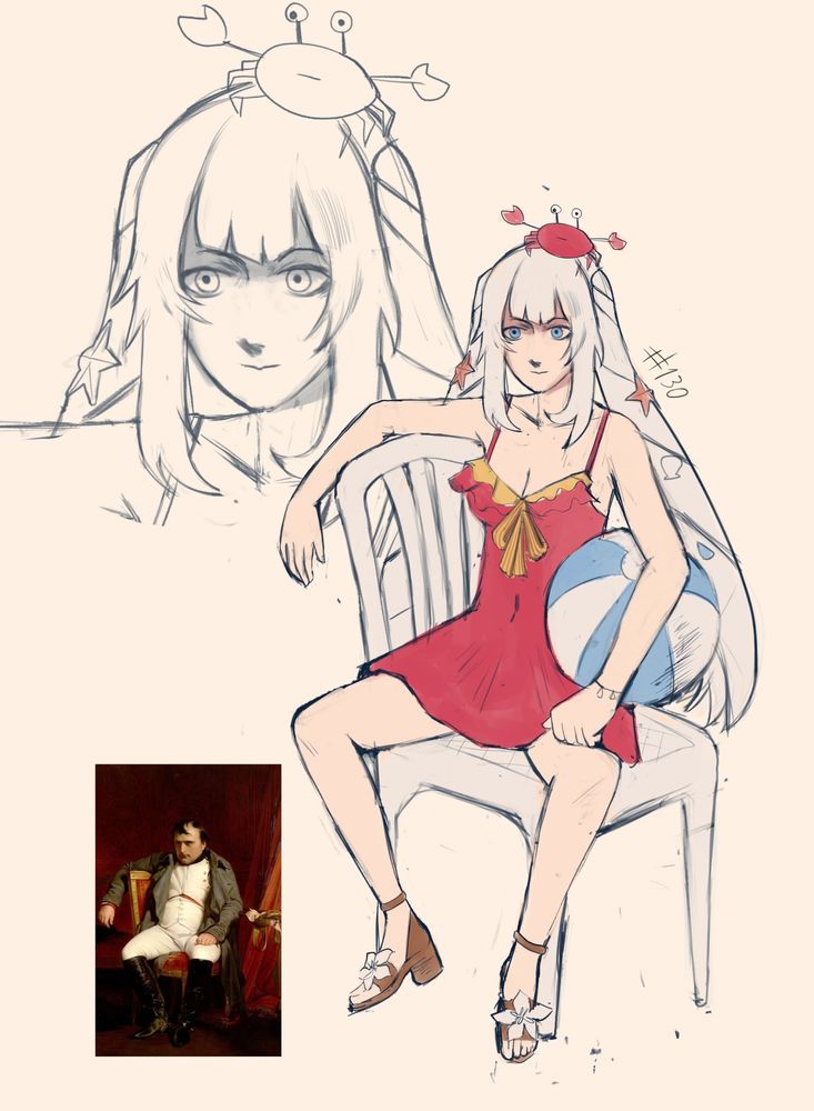 FGO Summer Marie Antoinette, dejected, sitting in a chair holding a beach ball.