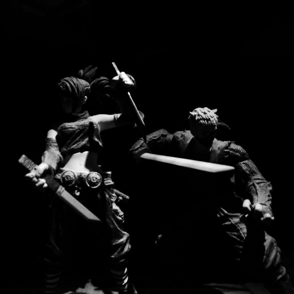 Rikimaru and Ayame figures from the original Tenchu games, posed in dramatic shadows.