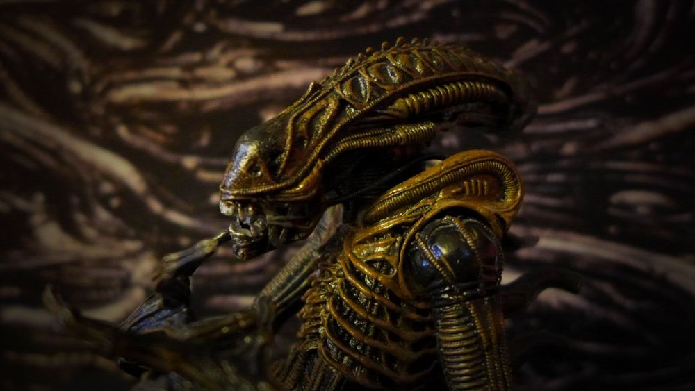 A xenomorph figure (Aliens version) posed against a printed backdrop of those weird lumpy alien walls.