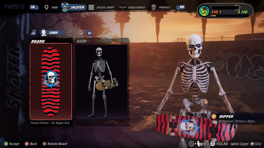 A screenshot of the skater select screen from Tony Hawk's Pro Skater 1 + 2 remake on Steam. My dude is a skeleton.