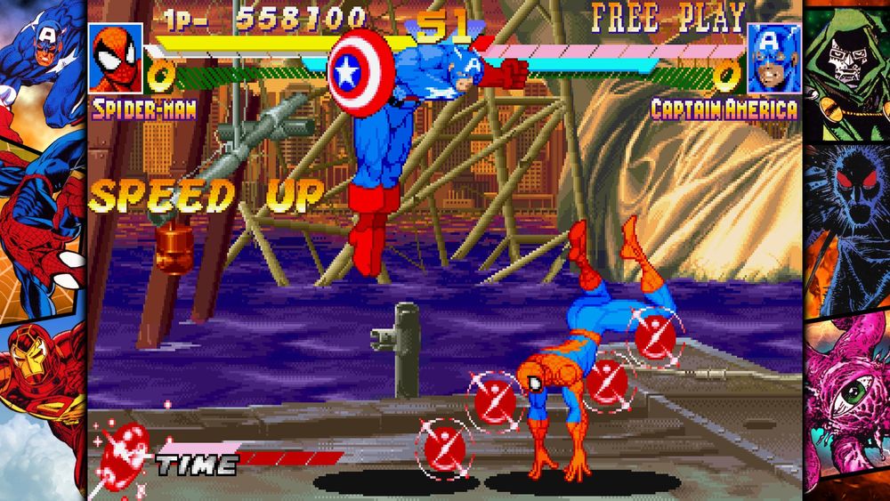 A screenshot from the Marvel vs Capcom Fighting Collection - Arcade Classics, featuring some very confusing behaviour from Captain America and Spider-Man.