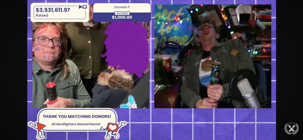 Screenshot of the P4A livestream. Hank is shooting of confetti and John is trying to do the same.