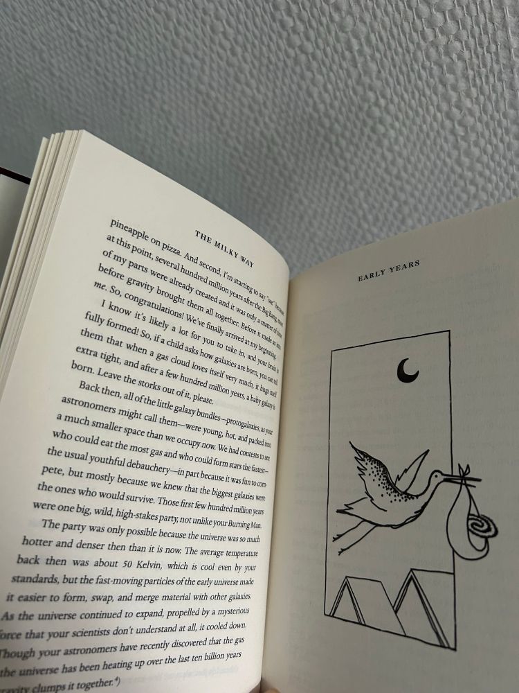 A picture of two pages from the book The Milky Way by Moiya McTier, one with text and one with an illustration of a stork carrying a small galaxy in it’s beak like it’s a baby.