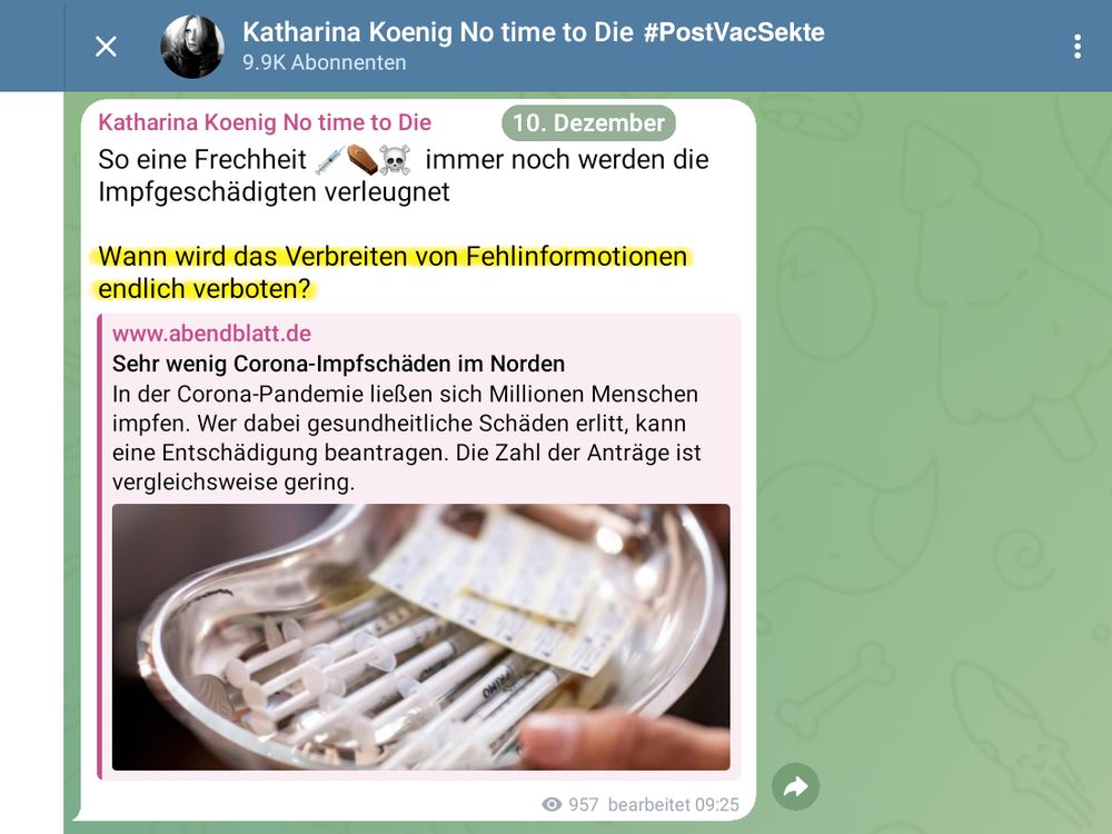 Sehr wenig Corona-Impfschäden im Norden https://share.google/77el5yUg3fVRU2Ayk
So eine Frechheit 💉⚰️☠️  immer noch werden die Impfgeschädigten verleugnet 

Wann wird das Verbreiten von Fehlinformotionen endlich verboten?