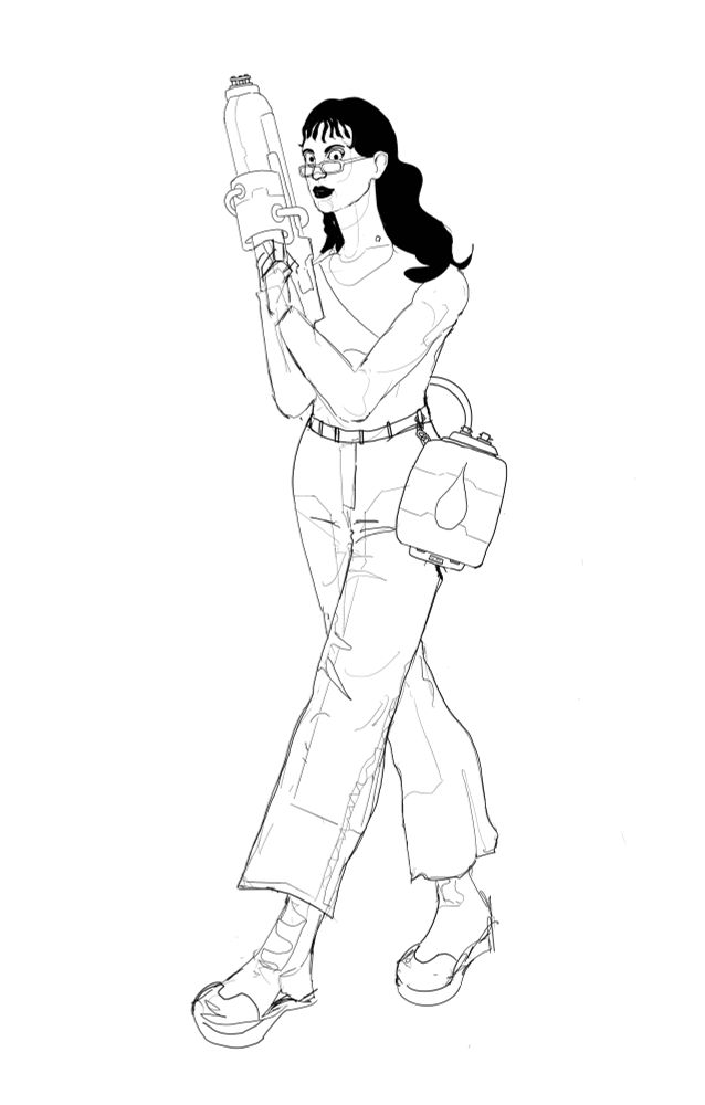 procreate artwork depicting woman with super soaker and water tank
