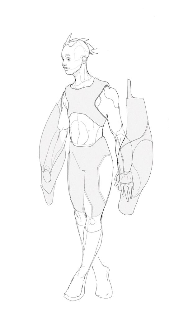 sketch depicting a character with aerodynamic armor and some sort of hand artillery