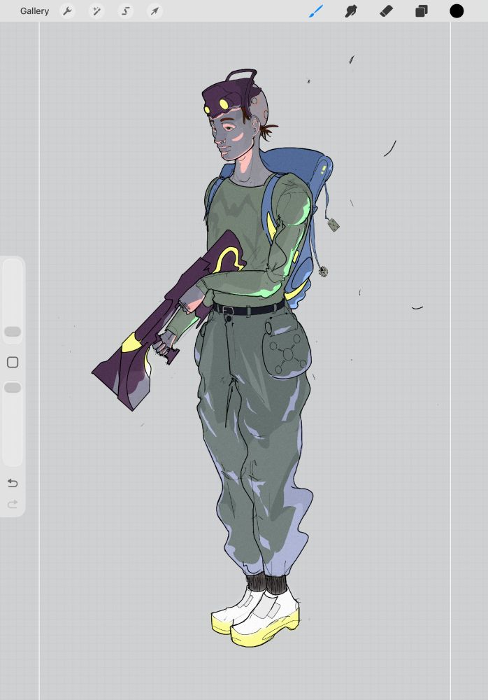 Procreate sketch depicting a character wearing a backpack, a plasma beam device and goggles