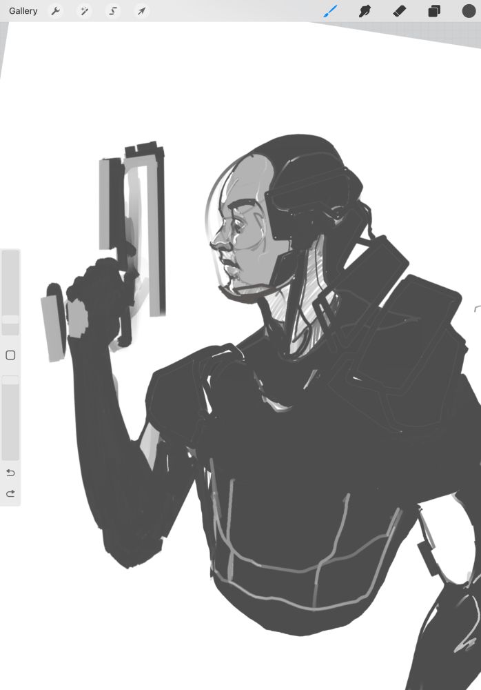 procreate drawing depicting a menacing scifi marine