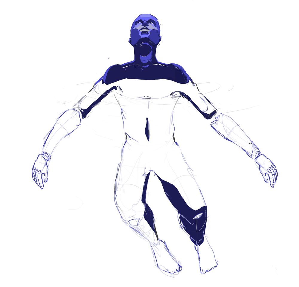 procreate sketch/study of a character floating