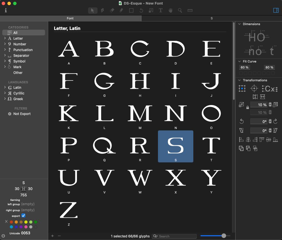 screenshot of a font design file with the working title DS-Esque
