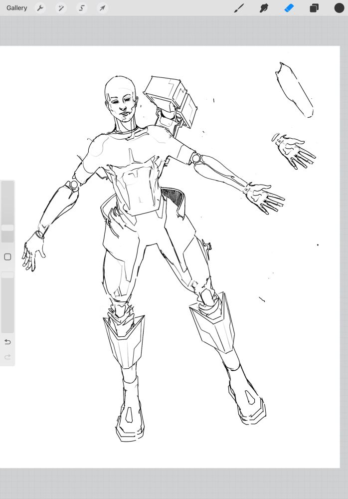 procreate sketch depicting a guy wearing some sort of exoskeleton / cybernetic thing