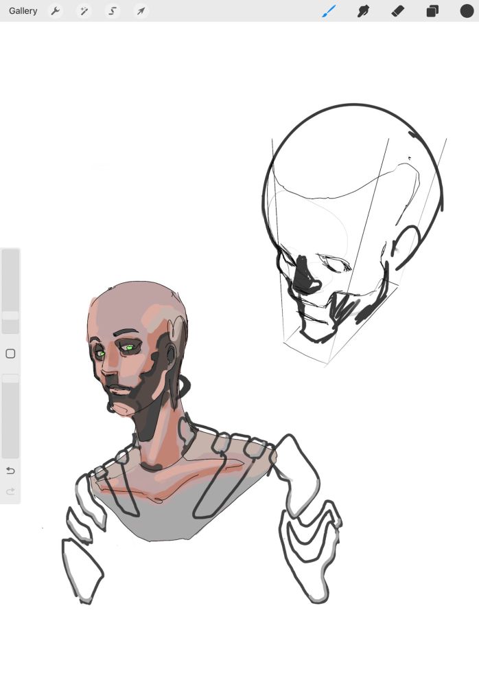 procreate screenshot depicting a futuristic bad guy and a head study