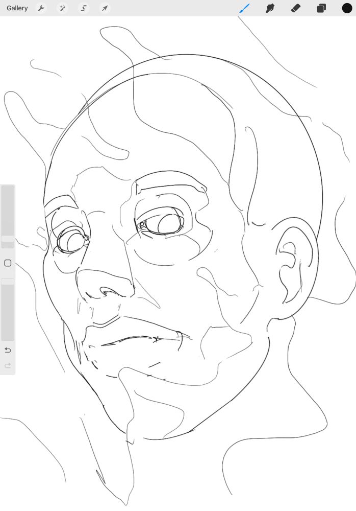 procreate sketch depicting guy surrounded by ghastly shrouds looking at the viewer