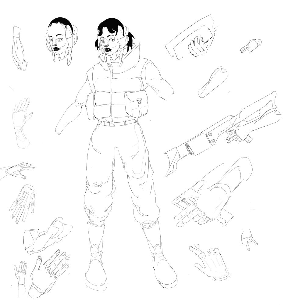 procreate sketch depicting a character and some alternative hand gestures, tools etc.
