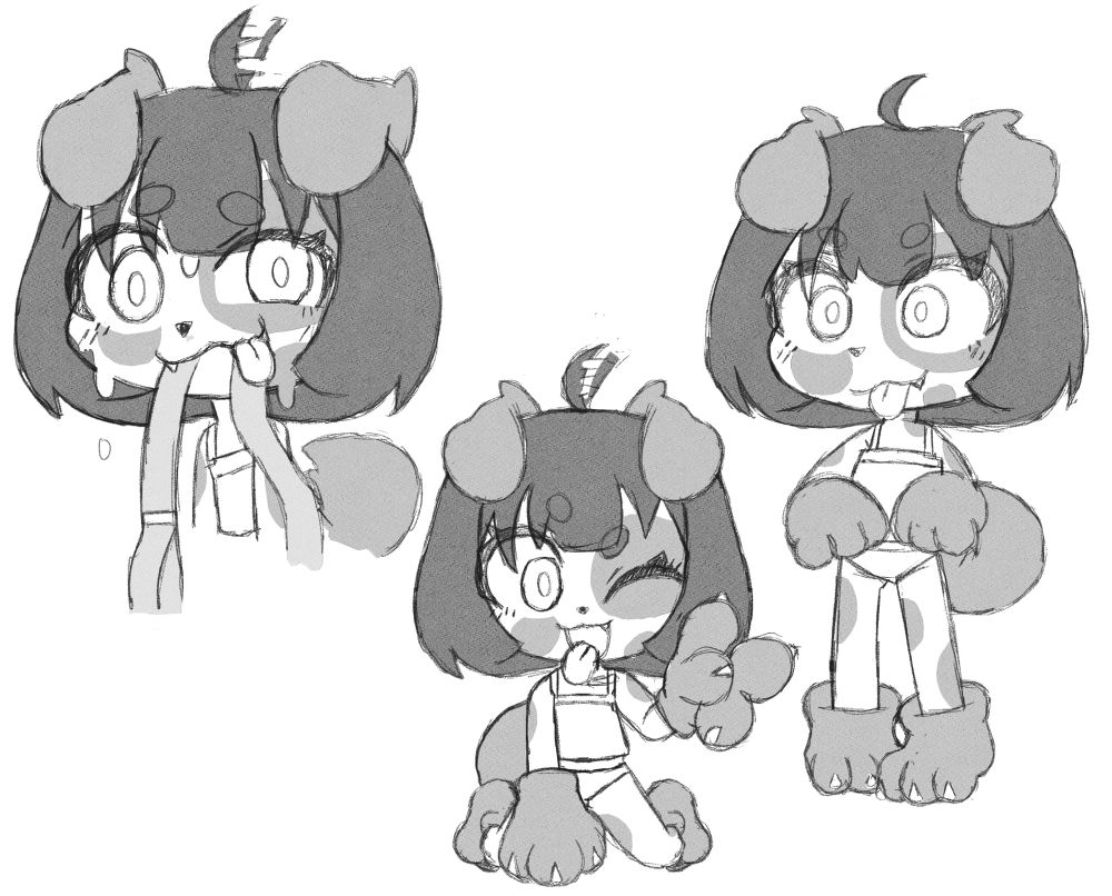 Three separate doodles of a cute dog girl with very unique fur patterns over her body. She’s got big animal gloves and slippers on, and always has her tongue out. The one on the far left even has a cute deeply expression! I was thinking of naming her “Peanut Butter”, but I don’t know how unique of a name that is. Still, bark bark grr woof woof awoooo.