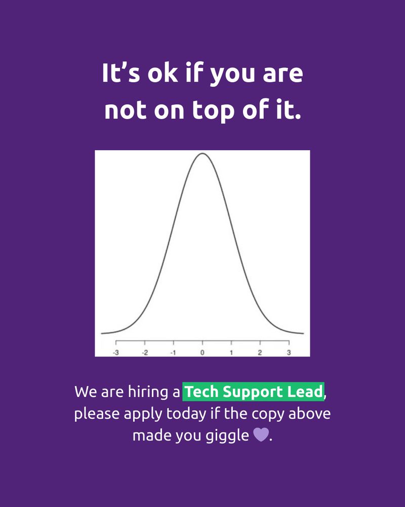 A job recruitment graphic with a purple background. At the top, white text reads: “It’s ok if you are not on top of it.” Below is an image of a bell curve (normal distribution graph). At the bottom, white text says: “We are hiring a Tech Support Lead, please apply today if the copy above made you giggle 💜.” The phrase “Tech Support Lead” is highlighted in green.
