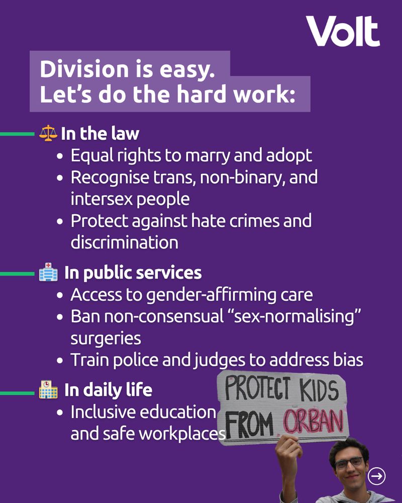 Title: “Division is easy. Let’s do the hard work.”
Three sections with bullet point for each follow:
In the law
Equal rights to marry and adopt
Recognise trans, non-binary, and intersex people
Protect against hate crimes and discrimination
In public services
Access to gender-affirming care 
Ban non-consensual “sex-normalising” surgeries
Train police and judges to address bias
In daily life
Inclusive education and workplaces
In the bottom left corner, an image of a protest sign reads “Protect kids from Orbán.”
Volt logo in the top right corner.