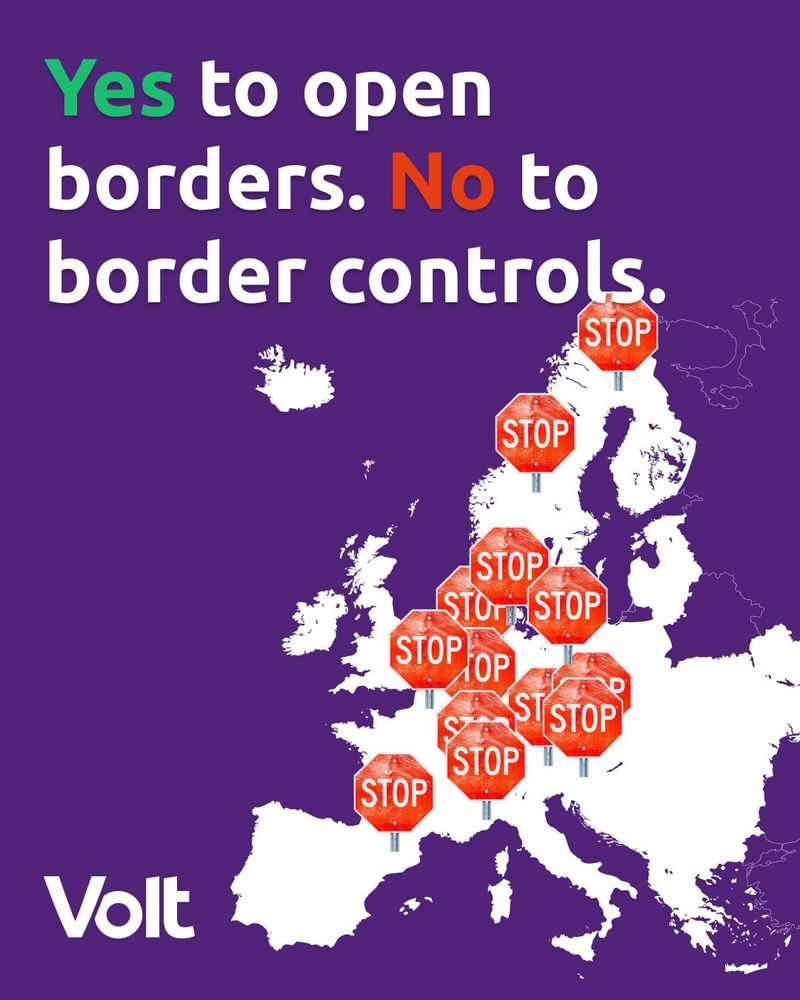 Map of europe with multiple "stop" signs in the Schengen area symbolizing border controls. Caption "Yes to open borders. No to border controls" with "Yes" in green and "No" in red. Volt Logo.