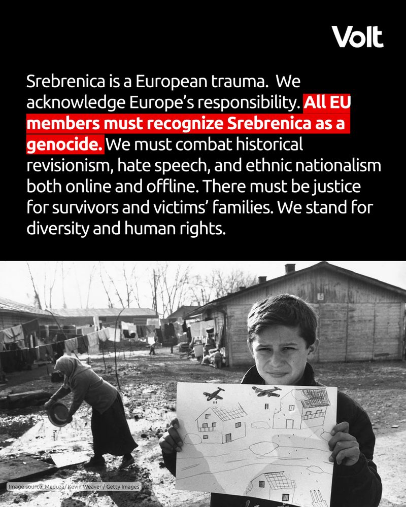 A view from inside a vehicle looking out onto a dirt road with houses and trees. Overlays read: "Exhibit number P02047 Popović et al. trial ICTY" and "That's their mosque over there." Text on the image states: "Srebrenica was not a tragedy of war, but a calculated, systematic campaign to erase a people from European soil simply because they were Bosnian Muslims – a genocide born of dehumanising ideologies of ethnic purity that cast their poisonous shadows still into our time." The Volt logo is in the top right.