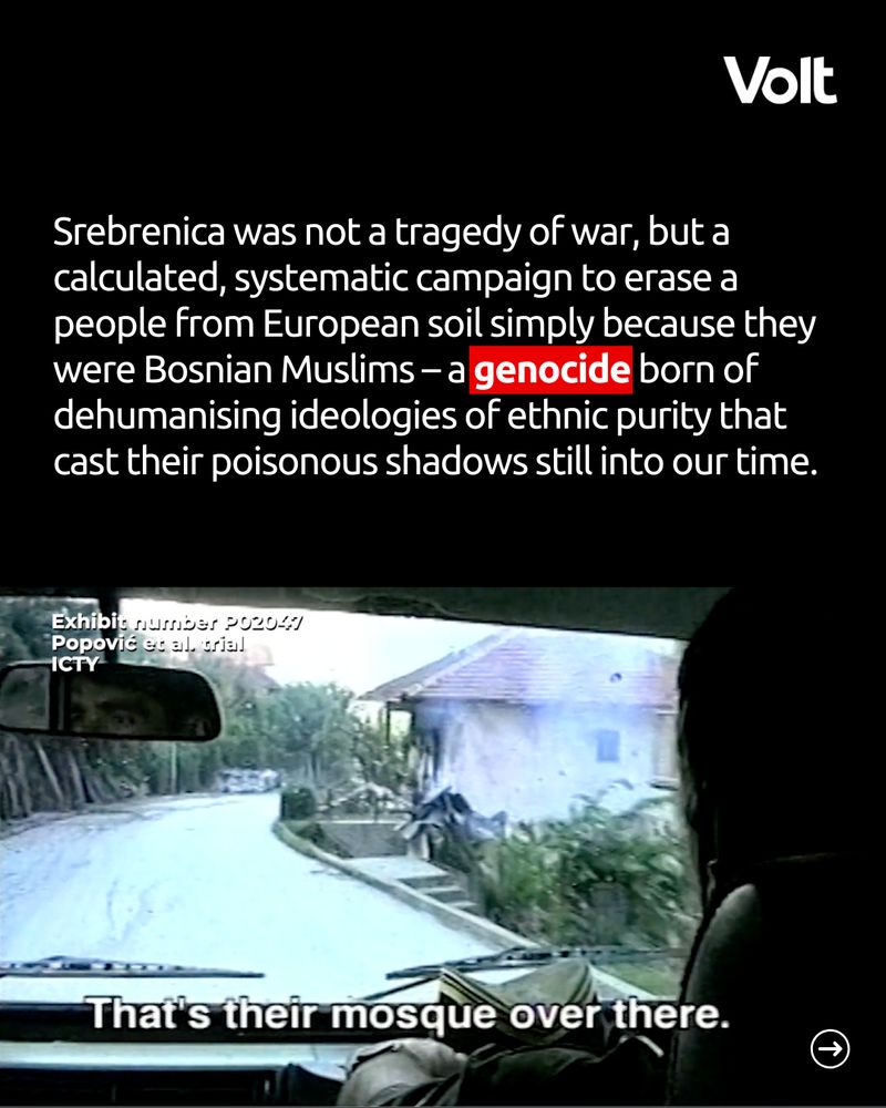 A still from a video shows a line of men, some looking directly at the camera. A red box highlights the text "8,372 Bosnian Muslim men and boys were systematically murdered by Bosnian Serb forces." Overlays read: "Exhibit number P04201 Radovan Karadzic trial ICTY" and "Not only able-bodied men were separated." The Volt logo is in the top right.