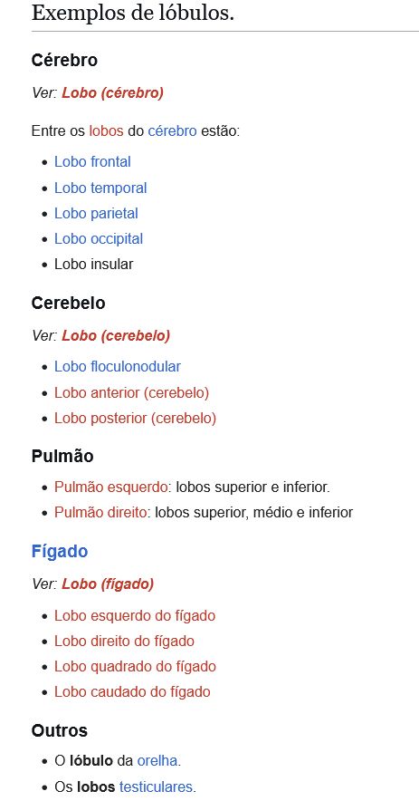 Seção da wikipedia: Exemplos de lóbulos.

Cérebro

Entre os lobos do cérebro estão:

    Lobo frontal
    Lobo temporal
    Lobo parietal
    Lobo occipital
    Lobo insular

Cerebelo

    Lobo floculonodular
    Lobo anterior (cerebelo)
    Lobo posterior (cerebelo)

Pulmão

    Pulmão esquerdo: lobos superior e inferior.
    Pulmão direito: lobos superior, médio e inferior

Fígado

    Lobo esquerdo do fígado
    Lobo direito do fígado
    Lobo quadrado do fígado
    Lobo caudado do fígado

Outros

    O lóbulo da orelha.
    Os lobos testiculares.
