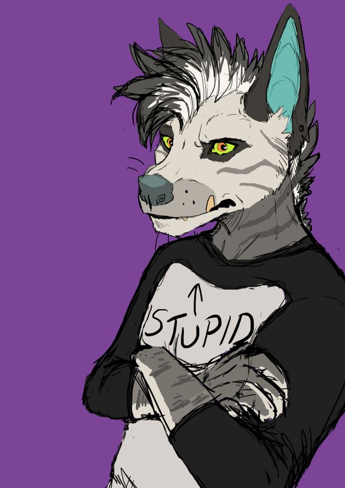 An anthropomorphic striped hyena standing with arms crossed, facial expression looking unimpressed, wearing a raglan shirt with stupid written on it and an arrow pointed up above the word 'stupid' 