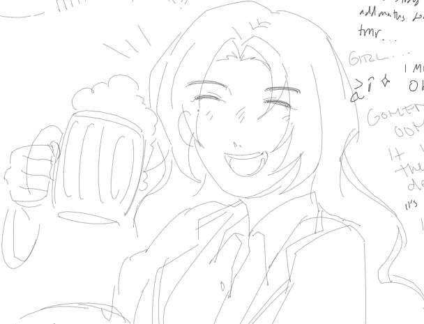 drawing of rodya limbus company holding a mug of beer
