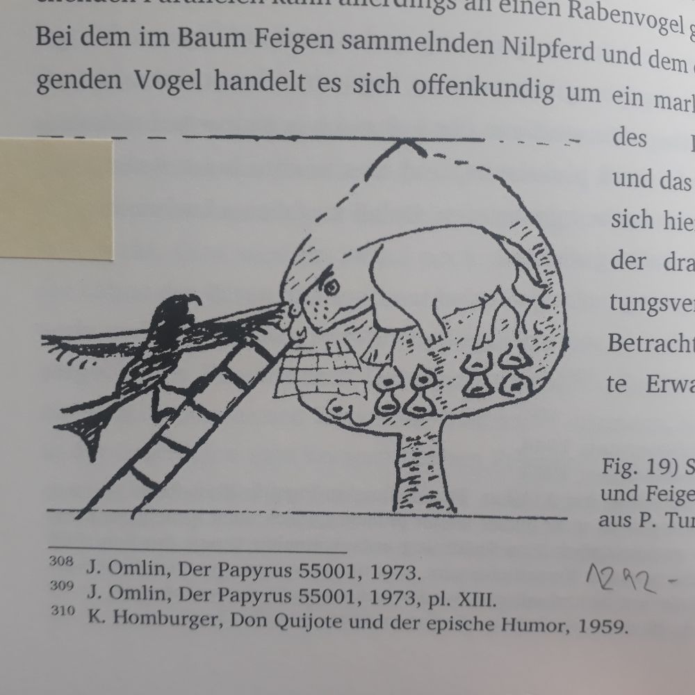 Eine Schwalbe steigt mithilfe einer Leiter auf einen Feigenbaum, in dem sich ein Nilpferd befindet, das dort Feigen sammelt. Ramessidenzeit. Aus: Kleine Archäologie des ägyptischen Humors, von Morenz.