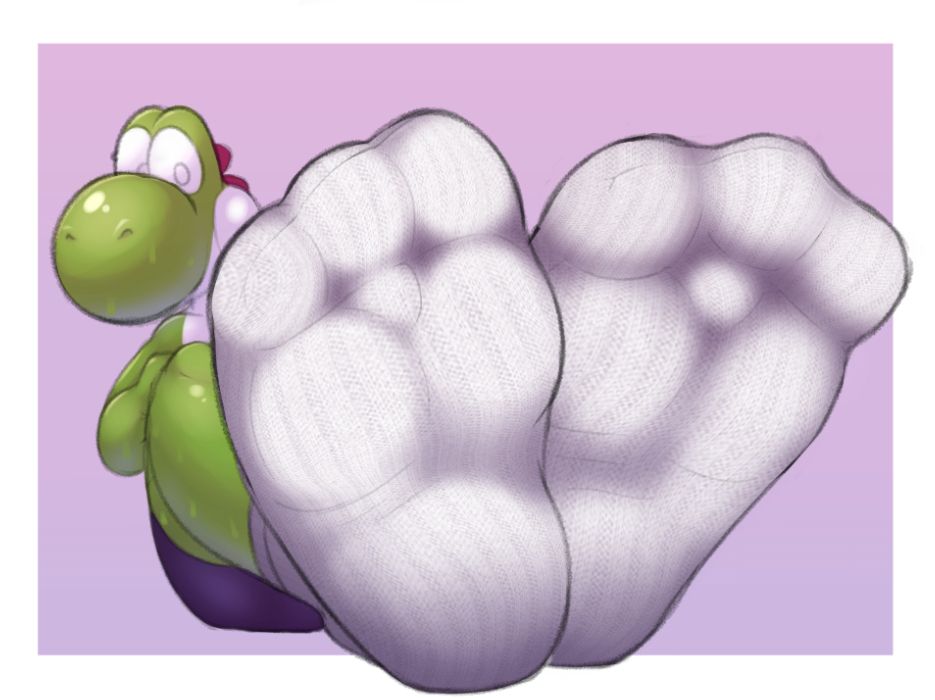 A sweaty Yoshi, with white socks and black pants, looking curious at their socked soles, that they're presenting to the camera, wiggling them slightly.