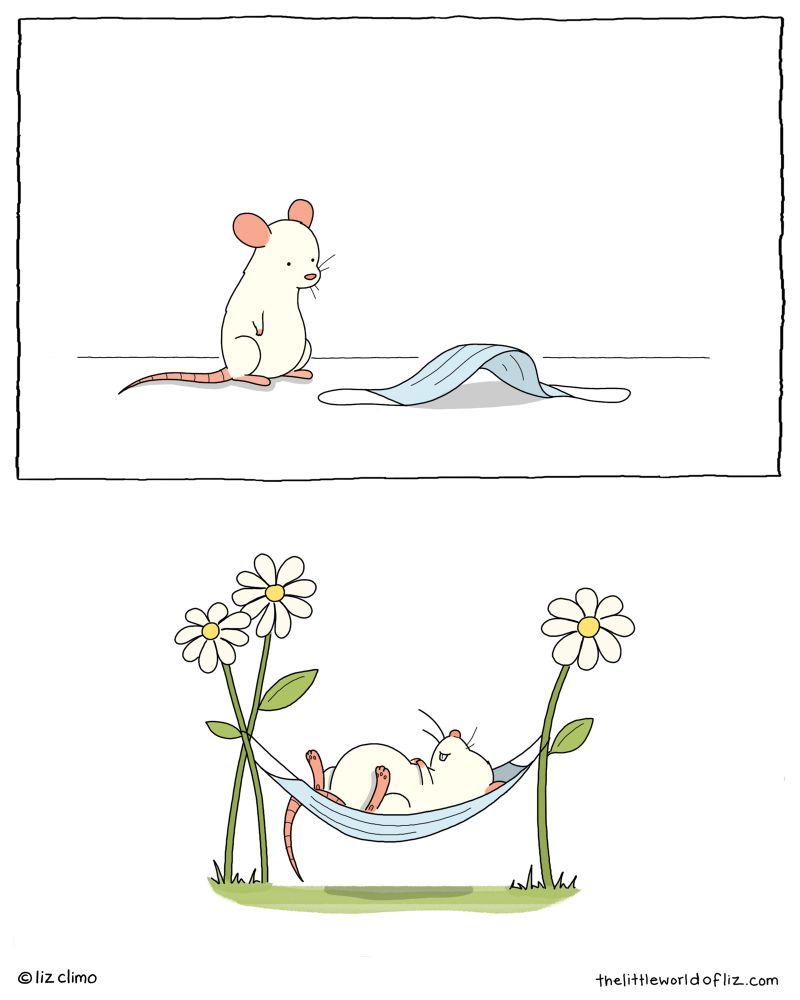 Top: a mouse is looking at a surgical mask on the ground. Bottom: mouse has hung the mask between two flowers and is laying in it like a hammock 