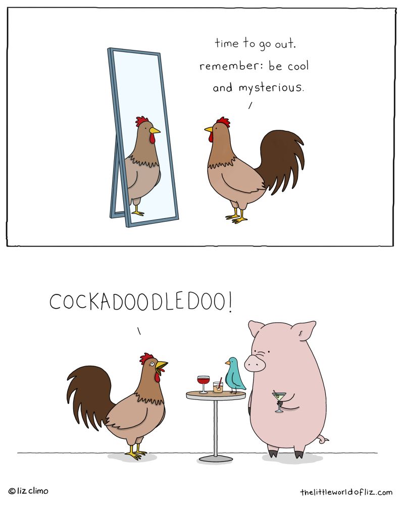 Top: rooster is looking in mirror, saying to itself “time to go out. Remember: be cool and mysterious” Bottom: rooster is out at a bar with friends, screams “COCKADOODLEDOO”