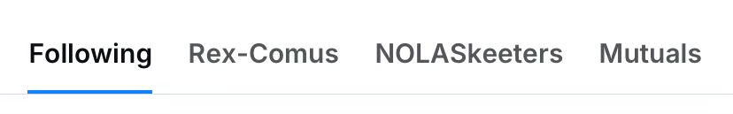 A screenshot of Bluesky feed headers, showing Following, Rex-Comus, NOLASkeeters, and Mutuals