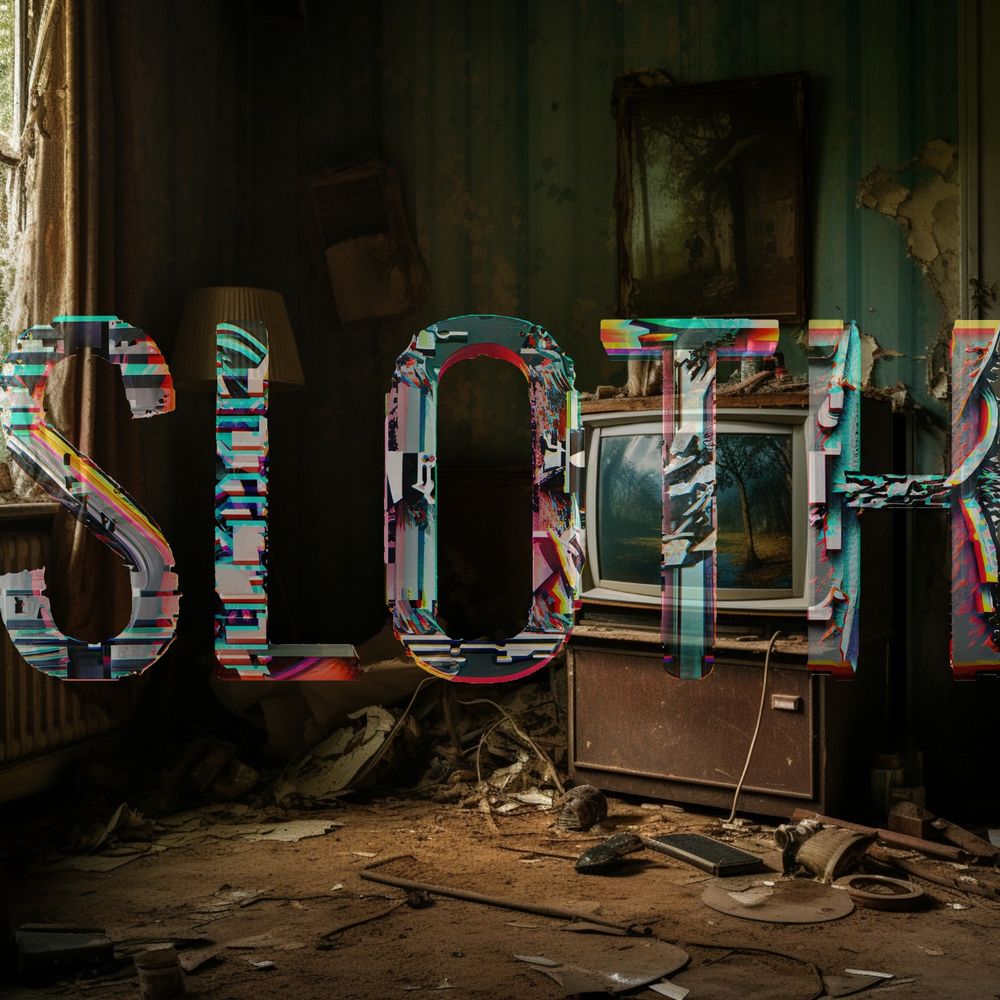 An image of a disheveled room filled with dirt and debris.  There is an old fashioned television sitting in the background and overlaying the image is the word "SLOTH" with strange glitching textures in neon colors.