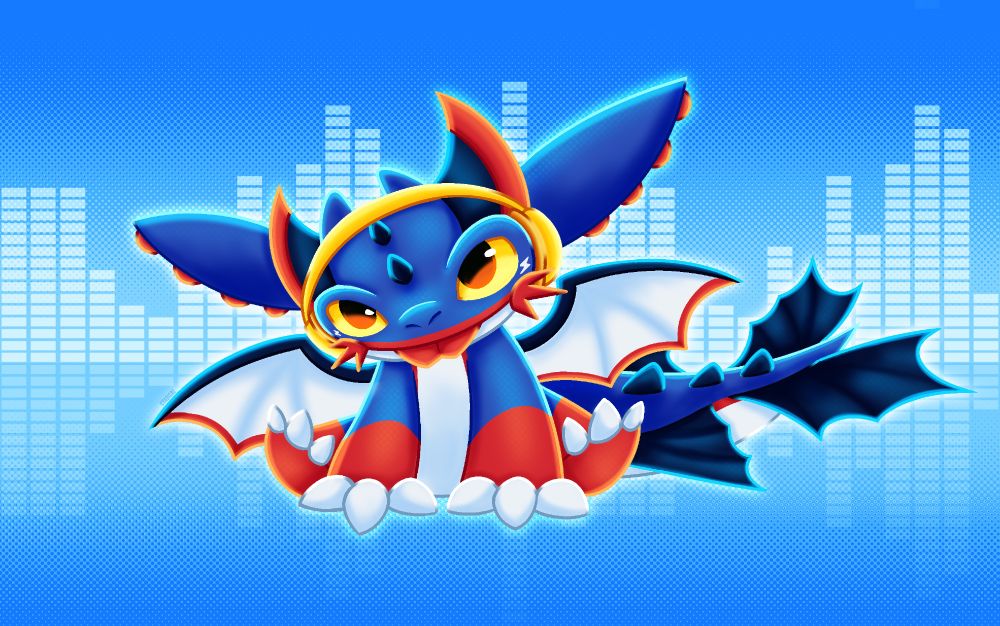 A blue, red and white dragon with yellow eyes sitting with his head tilted and tongue out with yellow headphones on his head. The background is blue